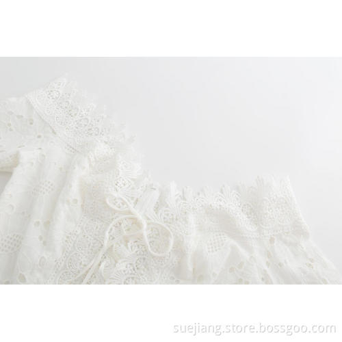 Women Puff Sleeve Shoulder Off Lace Embroidery Dress
